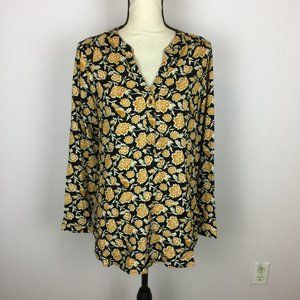 New! Old Navy Tunic Top Blouse Size M Womans Pintuck Black Yellow Floral Rayon